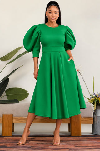 Green Puff Sleeve Midi Dress