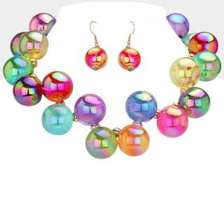 Multicolor Iridescent Bubble Ball Bead Necklace Set