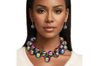 Black Iridescent Bubble Ball Bead Necklace Set