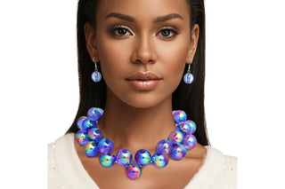 Blue Iridescent Bubble Ball Bead Necklace Set