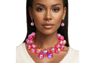 Fuchsia Iridescent Bubble Ball Bead  Necklace Set
