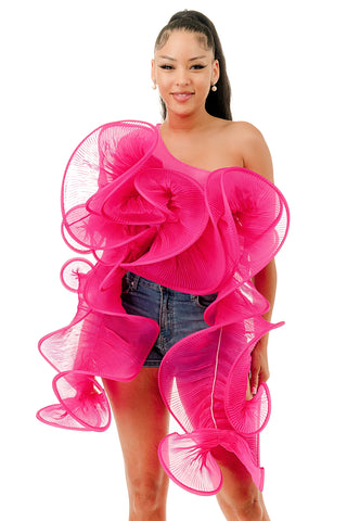 Pink One Shoulder Swirl & Mesh Top