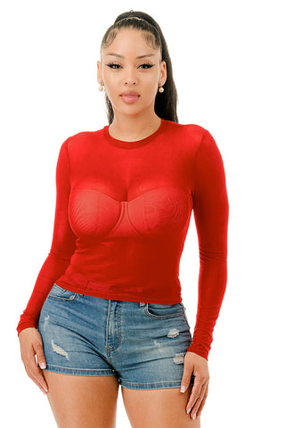 Red One Shoulder Swirl & Mesh Top