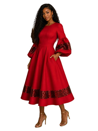 Red Sequin Bell Sleeve Midi Dress