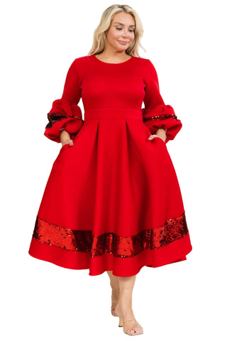 Red Sequin Bell Sleeve Midi Dress