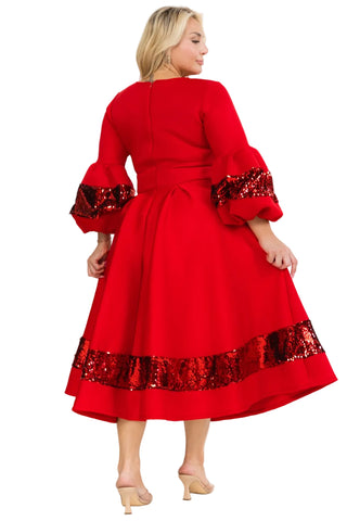 Red Sequin Bell Sleeve Midi Dress