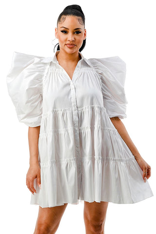 White Ruched Puff Baby Doll Dress