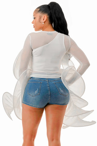 White One Shoulder Swirl & Mesh Top