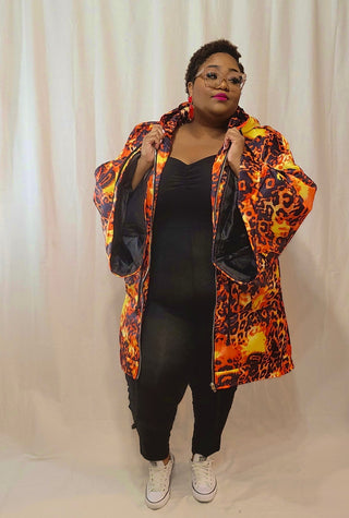 Orange Leopard Print Hooded Trumpet Sleeve Coat