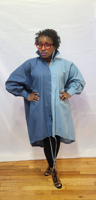 Two Tone Denim Oversized Shirt Dress