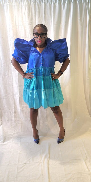 Blue Ombre Ruched  Puff Baby Doll Dress