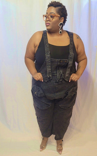 Casual Black Denim Overall Drawstring bottom