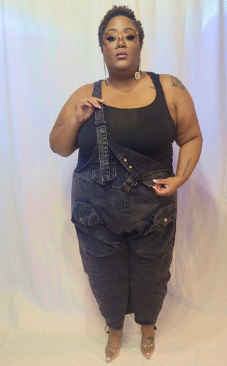 Casual Black Denim Overall Drawstring bottom