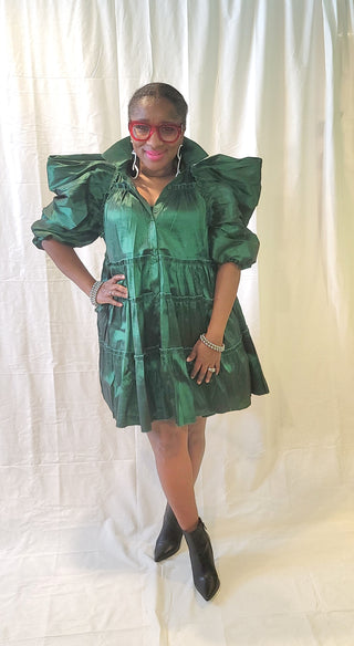 Emerald Green Ruched Puff Baby Doll Dress