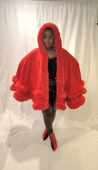 Red Faux Fur Double Layer Hooded Cape